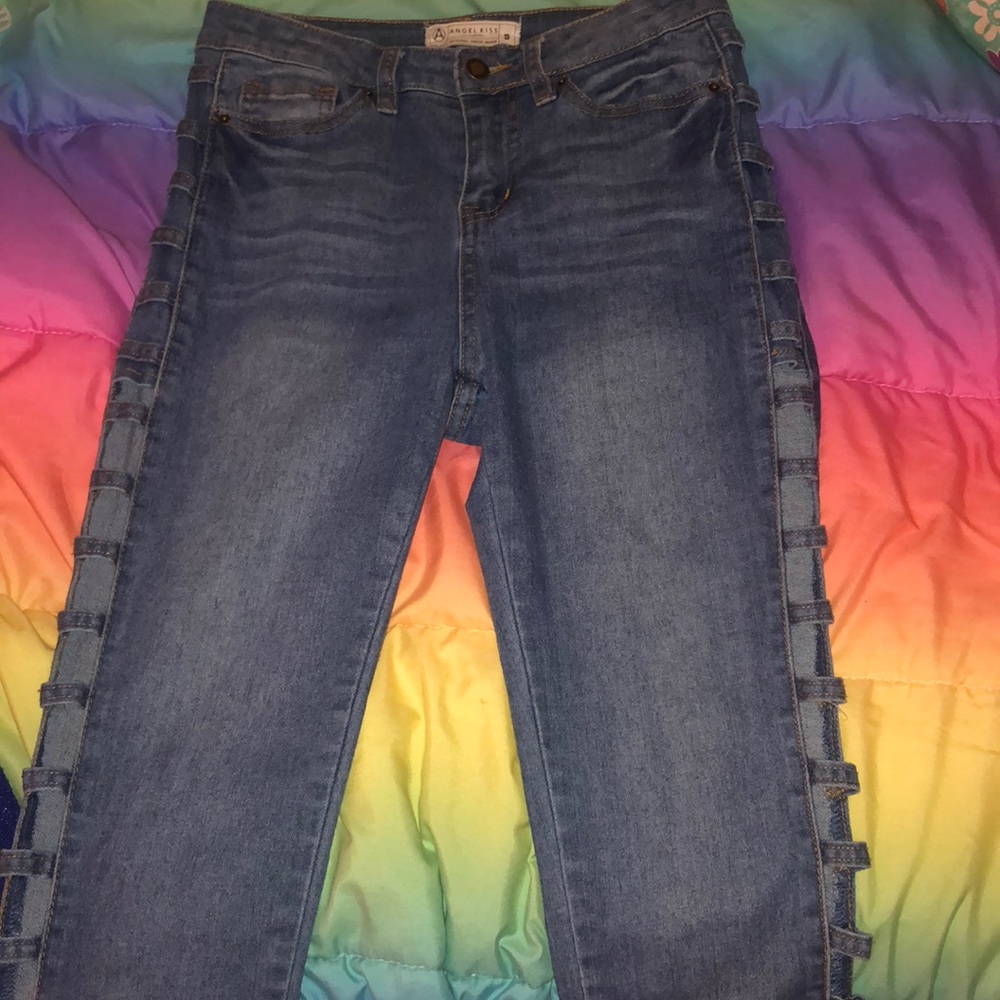 Denim high waisted jeans cut up sides